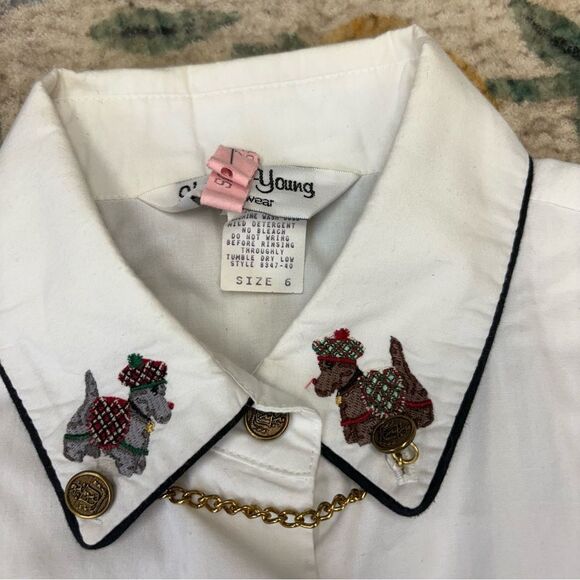 Vintage Sharon Young Westy Scotty Dog Shirt Button Embroidered size 6 - Picture 1 of 10